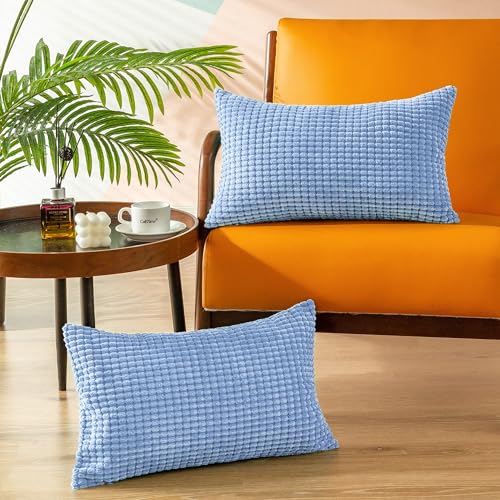 CaliTime Pack von 2 bequemen Wurf Kissenbezüge Hüllen für Couch Schlafsofa Bequeme Supersoft Cord Mais gestreift beide Seiten 30cm x 50cm Hellgrau blau von CaliTime