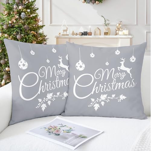 CaliTime Packung mit 2 weiche Leinwand Throw Pillow Covers für Couch Sofa Home Decor Frohe Weihnachten weiße Rentiere 18 X 18 Zoll grau von CaliTime