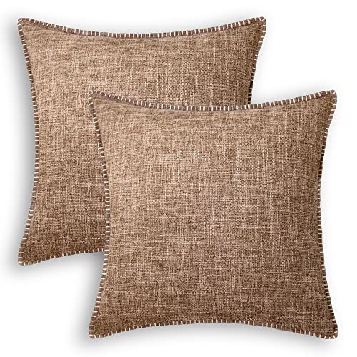 CaliTime Wurf Kissenbezüge Pack von 2-Baumwollfaden Nähkanten 2-Ton gewebte rustikale Leinen Kissenbezüge für Couch Sofa Home Bauernhaus Dekoration 50cm X 50cm Braun von CaliTime