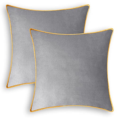 CaliTime Wurf Kissenbezüge Pack von 2 Super Soft Faux Wildleder Gold Piping Edge Akzent Kissenbezüge für Couch Bett Sofa Bauernhaus Dekorativ 45cm X 45cm Silber Grau von CaliTime