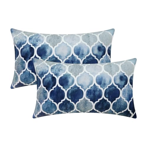 CaliTime Kissenbezüge Kissenhülle Packung mit 2 Cozy Bolster Kissenbezügen für Couch Bett Sofa manuell handbemalt bunt geometrischer Gitterkettendruck 30cm x 50cm Hauptgrau Marineblau von CaliTime