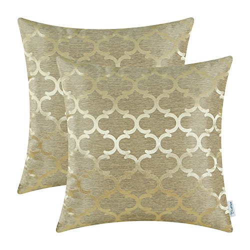 CaliTime Kissenbezüge Kissenhülle 2er-Pack Wurfkissenbezüge Schalen für Heim-Sofa-Couch Modern Glänzend & Matt Kontrast Quatrefoil Akzent Geometric 50cm x 50cm Gold von CaliTime