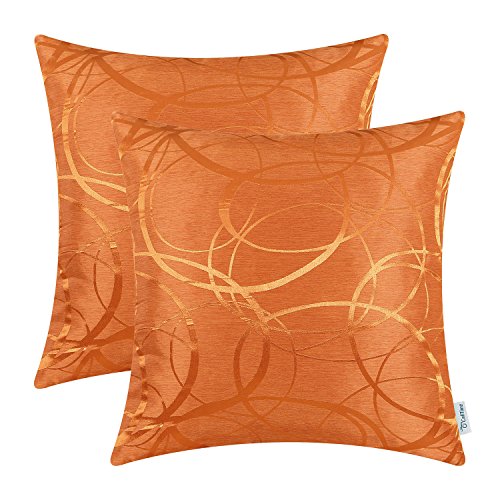 CaliTime Kissenbezüge Kissenhülle Packung mit 2 Schalen für Couch Sofa Heimdekoration modern glänzend und matt Kontrast Kreise Ringe geometrisch 50cm x 50cm leuchtendes Orange von CaliTime