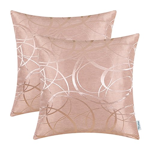 CaliTime Kissenbezüge Kissenhülle Packung mit 2 Schalen für Couch Sofa Heimdekoration modern glänzend und matt Kontrast Kreise Ringe geometrisch 50cm x 50cm staubiges Rosa von CaliTime