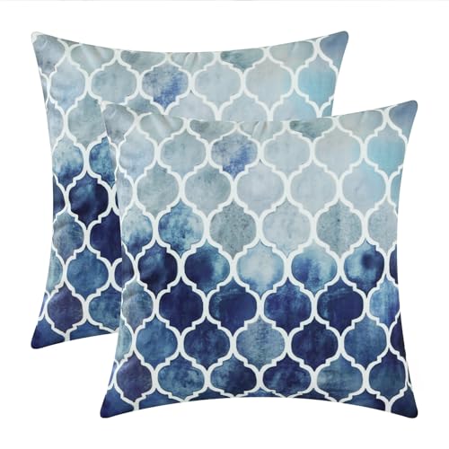 CaliTime Kissenbezüge Kissenhülle Packung mit 2 Cosy Kissenbezügen für Couch Bett Sofa manuell handbemalt bunt geometrischer Gitterkettendruck 45cm x 45cm Hauptgrau Marineblau von CaliTime