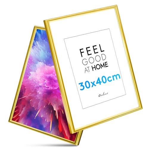 Calias® [1 STK.] Bilderrahmen 30x40 - Kunststoff Bilderrahmen Gold mit bruchsicherem Plexi Glas - Fotorahmen inkl. Aufsteller und Aufhängung - Hochwertige Bilder Rahmen Made in EU von Calias