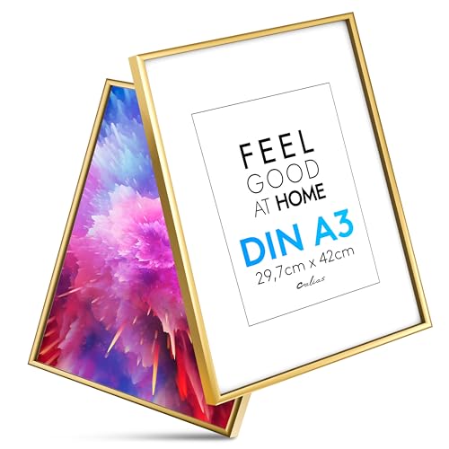 Calias® [1 STK.] Bilderrahmen A3 - Aluminium Bilderrahmen Gold mit bruchsicherem Plexi Glas - Fotorahmen inkl. Aufsteller und Aufhängung - Hochwertige Bilder Rahmen Made in EU von Calias