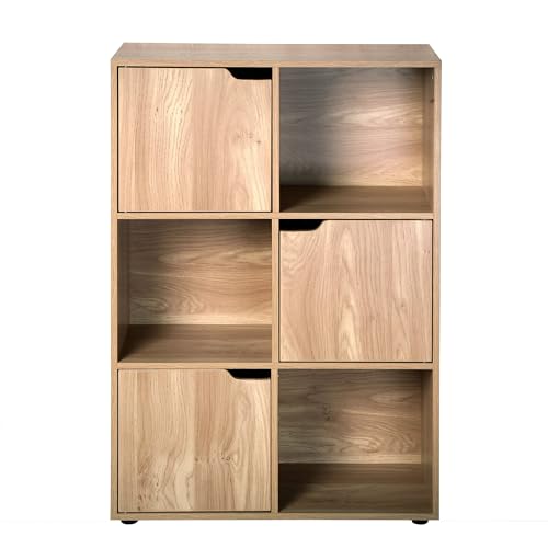 CALICOSY - Regal 6 Fächer Holzoptik - MDF - Modulares Design mit 3 Türen - Schmales Bücherregal - Aufbewahrungsmöbel - Schlafzimmer, Wohnzimmer, Büro - Zeitgenössisches Design - B30,7 x T29 x H90,8cm von Calicosy