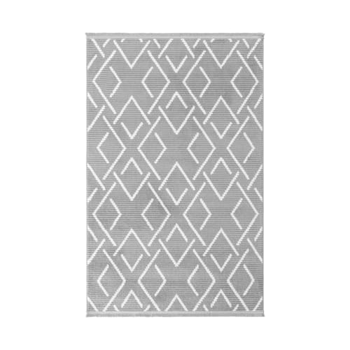 Calicosy Rechteckiger Teppich in Dunkelgrau mit geometrischen Motiven in Ecru mit Fransen Vetrina – 100 x 150 cm – 100 % Micro-Polyester – Flor 8 mm – Baumwollbasis – 2200 g/m² von Calicosy