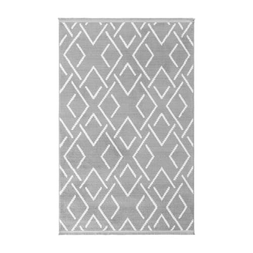 Calicosy Rechteckiger Teppich in Dunkelgrau mit geometrischen Motiven in Ecru mit Fransen Vetrina – 120 x 180 cm – 100 % Micro-Polyester – Flor 8 mm – Baumwollbasis – 2200 g/m² von Calicosy