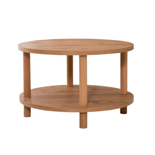 Calicosy Runder Couchtisch, 2 Ebenen, mit Atlantik-Kieferdekor – D70 x H43,7 cm – obere Tischplatte und Aufbewahrungsregal – modernes und organisches Design – Modell Roby von Calicosy