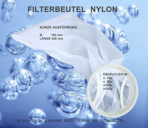 Filterstrumpf Nylonfilter, Filterbeutel, 100 Micron, feiner als ein Trommelfilter, stabiler als ein Damenstrumpf, filtert Schwebepartikel + Algen aus dem Teich, kurze Ausführung, 42cm lang, Ø 18cm von Calictus