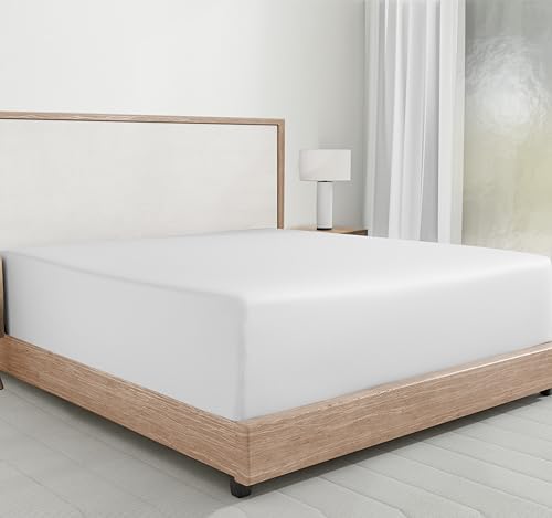 Luxuriöses Spannbettlaken für Doppelbett, 100 % Baumwolle, 400 Satin, 135 x 190 + 30 cm, elastisches Bettlaken auf Doppelbett-Matratze, Strahlend Weiß von California Design Den