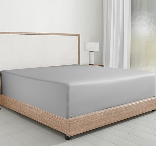 Luxus mako Satin Spannbettlaken Baumwolle 140x200 cm Hellgrau, weiches, 400 Fadenzahl, Hotelqualität Spannbetttuch mit tiefen Taschen und Kopf- und Fußanhängern von California Design Den von California Design Den