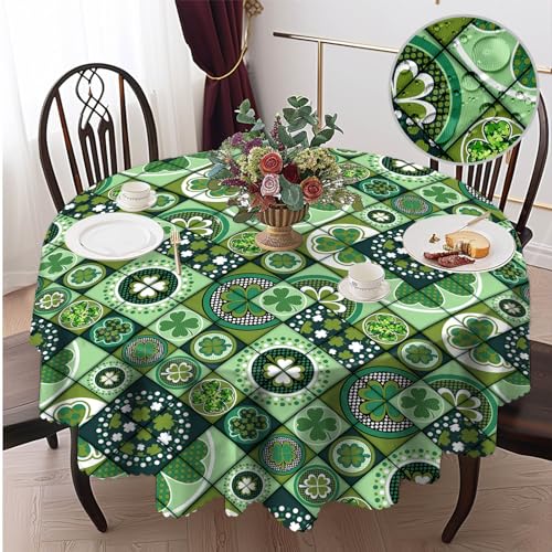 150cm Tischdecke Rund Grüner Klee Patchwork Wiederverwendbare Tischtuch aus Polyester Fleckschutz Abwaschbar Tischwäsche Wasserdicht Runde Tischdecke für St. Patrick's Day Esstische von Calinline