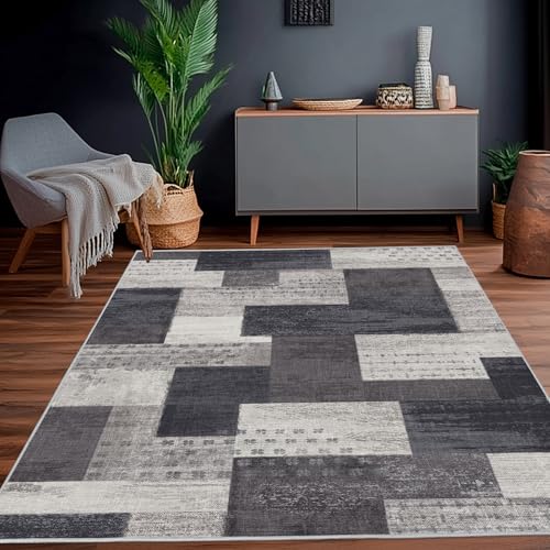 Calinline Moderne Geometrische Patchwork Indoor Wohnzimmer Teppich, Anthrazit 160x230 cm Große Teppiche Rockwood Sammlung Böden Dekor für Schlafzimmer, Grau Weich Kurzflor Waschbar Teppich Gegend von Calinline