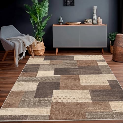 Calinline Moderne Geometrische Patchwork Indoor Wohnzimmer Teppich, Beige 80x150 cm Große Teppiche Rockwood Sammlung Böden Dekor für Schlafzimmer, Beige Weich Kurzflor Waschbar Teppich Gegend von Calinline