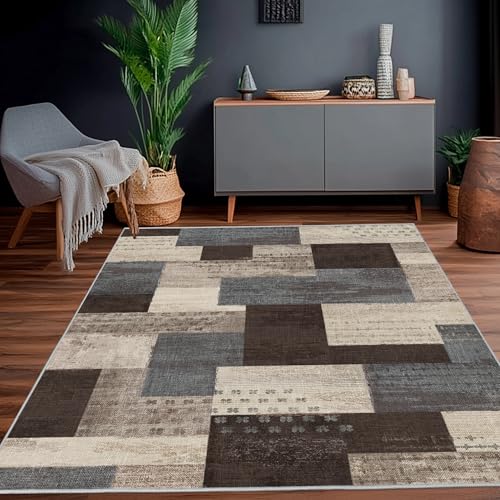 Calinline Moderne Geometrische Patchwork Indoor Wohnzimmer Teppich, Blau 200x230 cm Große Teppiche Rockwood Sammlung Böden Dekor für Schlafzimmer, Blau Taupe Weich Kurzflor Waschbar Teppich Gegend von Calinline