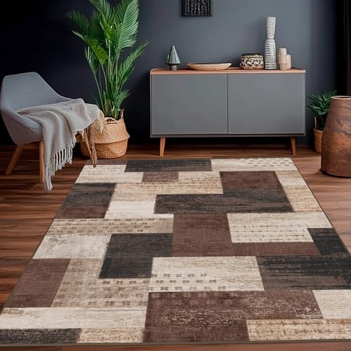 Calinline Moderne Geometrische Patchwork Indoor Wohnzimmer Teppich, Schokolade 160x230 cm Große Teppiche Rockwood Sammlung Böden Dekor für Schlafzimmer, Braun Weich Kurzflor Waschbar Teppich Gegend von Calinline