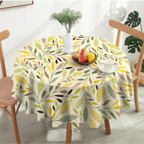 Tischdecke Rund 150 cm Gelbe Gestreifte Blätter Wiederverwendbare Tischtuch aus Polyester Wasserdichtes Rundes Tischtuch für Küchen, Dinnerpartys, Terrassen von Calinline