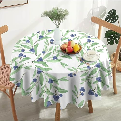 Tischdecke Rund 150 cm Grünes Blatt Blaubeere Stil Wiederverwendbare Tischtuch aus Polyester Wasserdichtes Rundes Tischtuch für Küchen, Dinnerpartys, Terrassen von Calinline