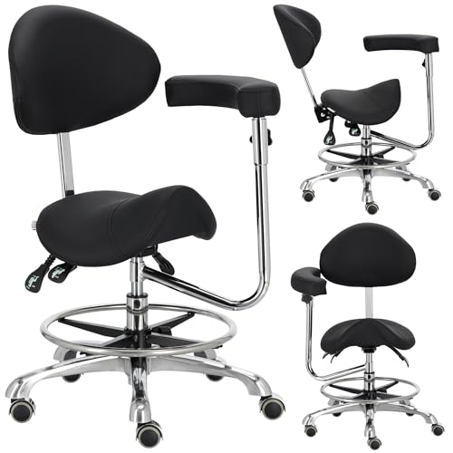 Calissimo Kosmetischer Friseurstuhl Sattel mit Rückenlehne und Armlehne Hocker SPA mobil von Calissimo