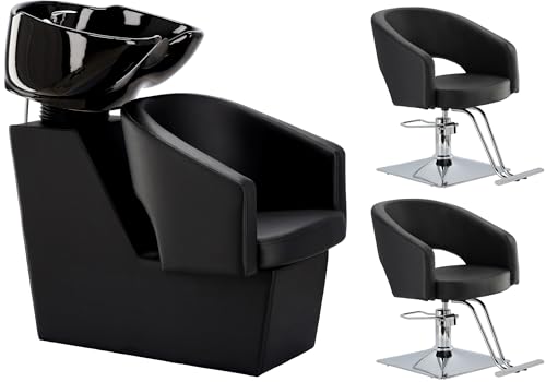 Calissimo Set Model Greta bestehend aus einem Friseurwaschbecken mit einem Keramik Waschbecken inkl. Armaturen und Zwei hydraulischen Friseurstühlen mit Fußstützen bezogen mit Kunstleder von Calissimo