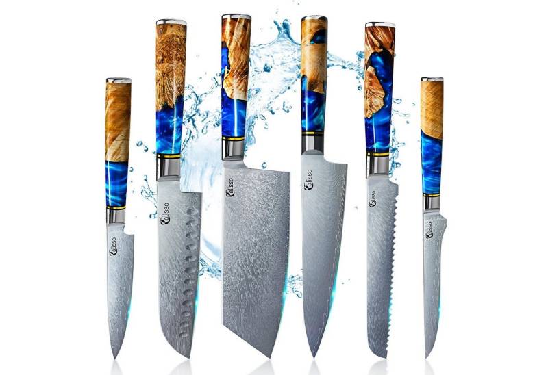 Calisso Messer-Set Aquamarine Line Küchenmesser Damastmesser Messerset (Advanced Set, 6-tlg., Inklusive Klingenschutz und hochwertiger Holzbox), Damastmesser von Calisso