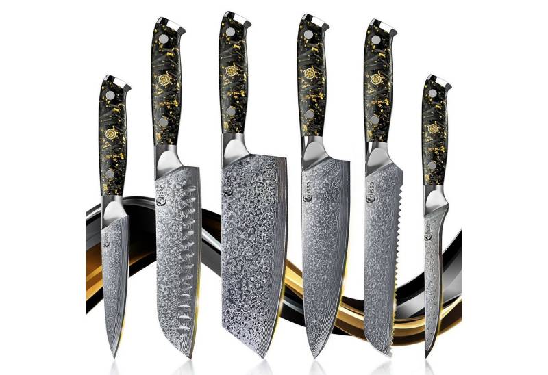 Calisso Messer-Set Gold&Ash Line Küchenmesser Damastmesser Messerset (Advanced Set, 6-tlg., Inklusive Klingenschutz und hochwertiger Holzbox), Damastmesser von Calisso