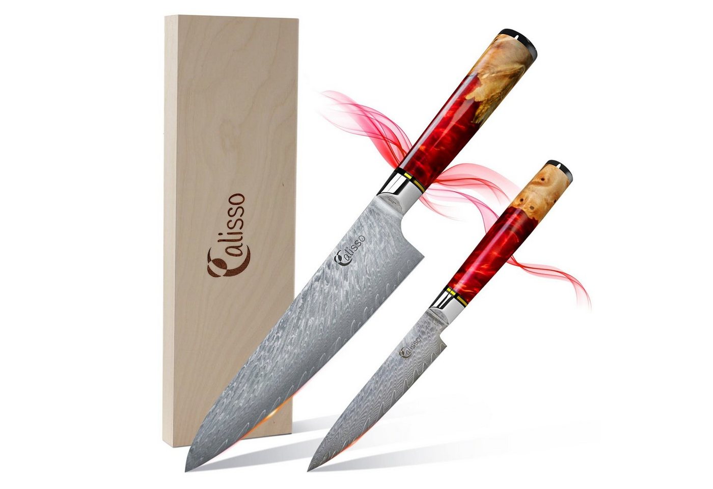 Calisso Messer-Set Küchenmesser Ruby Line Messerset (Starter Set, 2-tlg), Damaskus Stahl von Calisso