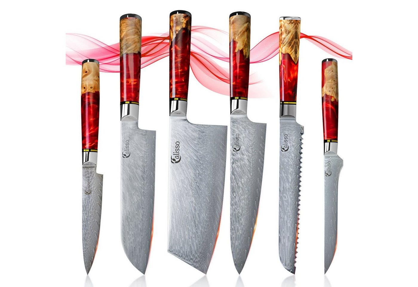 Calisso Messer-Set Ruby Line Küchenmesser Damastmesser Messerset (Advanced Set, 6-tlg), Damaszener Messer von Calisso