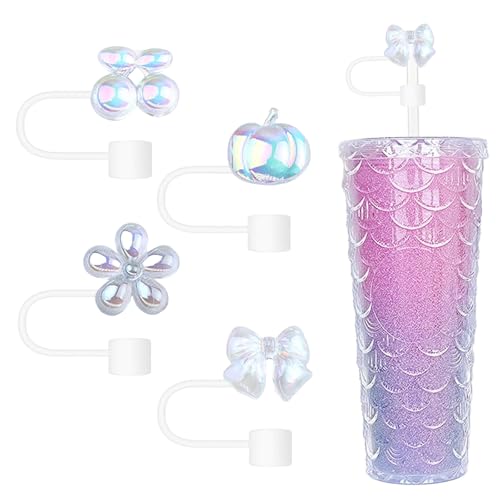 Calkkrer 4 Pcs Straw Toppers White Straw Covers Reusable Silicone Straw Tip Covers Flower Bow Fruit Design Drinking Straw Plugs für Cup Accessories Decorations. von Calkkrer