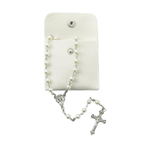 Calkkrer Katholischer Rosenkranz, Rosenkranz zur Kommunion mit Retro-Kreuz,Samt Geschenkbeutel Elegante Kreuz.Taufe Kommunion Hochzeit Kommunion Party(Perlmutt) von Calkkrer