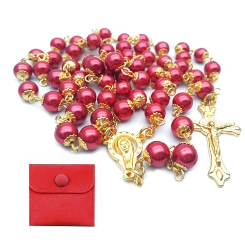 Calkkrer Katholischer Rosenkranz, Rosenkranz zur Kommunion mit Retro-Kreuz,Samt Geschenkbeutel Elegante Kreuz.Taufe Kommunion Hochzeit Kommunion Party(Rot) von Calkkrer