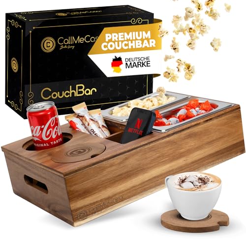 CallMeCasa.® Couchbar Snackbox - Akazienholz - Sofatablett & Serviertablett - Sofa Organizer mit Getränkehalter, 2 Snackschalen, Untersetzer - Snackbar - Geschenke für Männer - Wohnmobilausstattung von CallMeCasa.