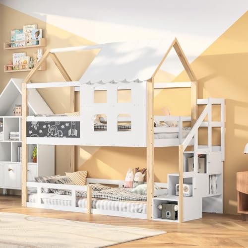 Callicarpa Bunk Bed 90 x 200 cm, House Bed for 2 Children, Wooden Bunk Bed with Slatted Frame and Ladder, Tree House Bed with Fall Protection and Cot Rail, Without Mattress von Callicarpa