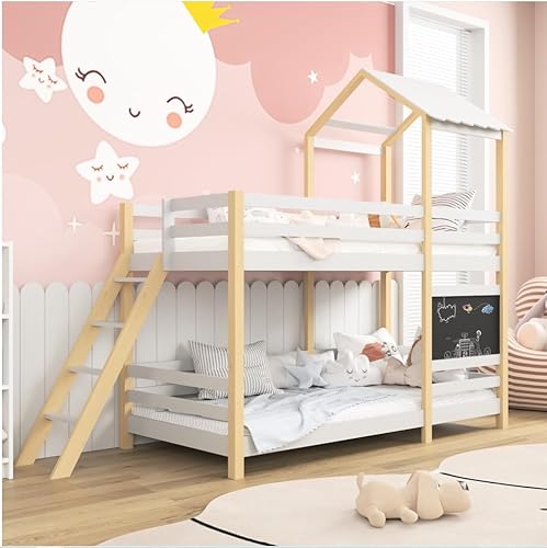 Callicarpa Bunk Bed 90 x 200 cm, House Bed for 2 Children, Wooden Bunk Bed with Slatted Frame and Ladder, Tree House Bed with Fall Protection and Cot Rail, Without Mattress von Callicarpa