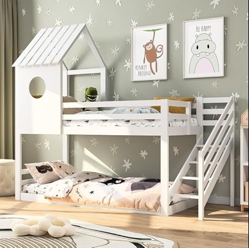 Callicarpa Bunk Bed 90 x 200 cm, House Bed for 2 Children, Wooden Bunk Bed with Slatted Frame and Ladder, Tree House Bed with Fall Protection and Cot Rail, Without Mattress von Callicarpa