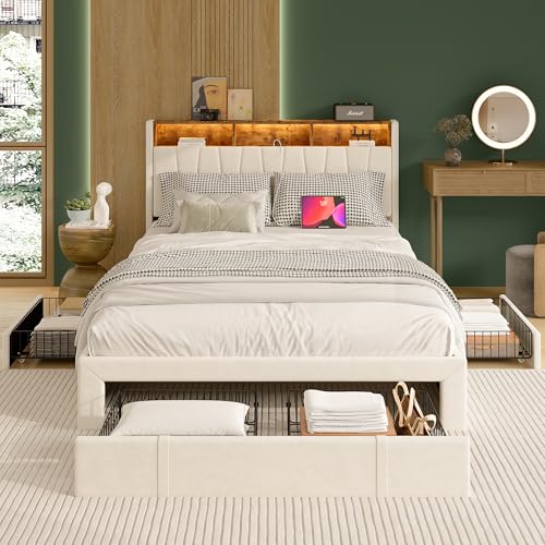 Callicarpa Doppelbett 160x200 cm mit LED Beleuchtung, Polsterbett Bett mit USB Typ C Ladefunktion und 4 Schubladen, Bett Jugendbett Stauraumbett Funktionsbett Rückenlehne Bettgest von Callicarpa
