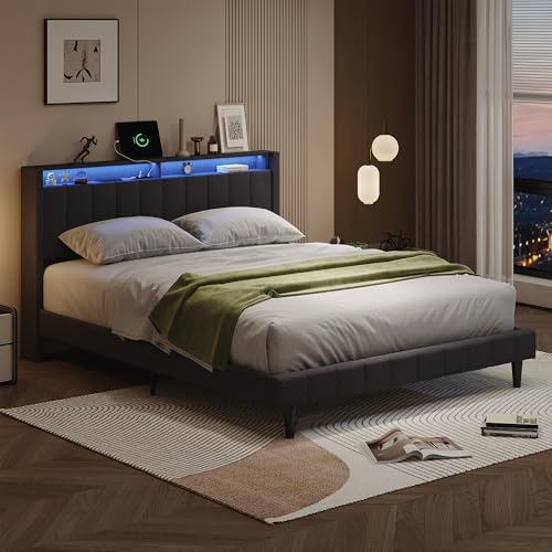 Callicarpa Doppelbett 140x200 cm mit LED-Beleuchtung, Polsterbett Kopfteil-Speicher,Gepolstertes Bett Ladegerät 2 USB und 1 Type-C, Leinen, Grau ohne Matratze von Callicarpa
