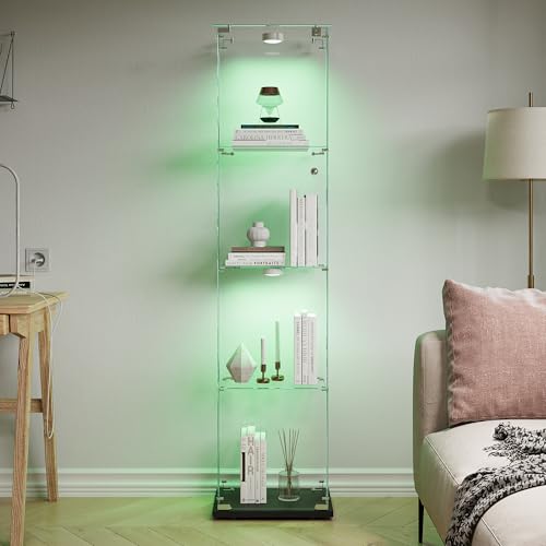 Callicarpa Glasvitrine Stehend mit Klopflicht/LED-Leiste und Glastüren, Sammlervitrine für Wohnzimmer, Büro, Spielzimmer in Weiß/Schwarz (Schwarz, Vitrine mit Einer Tür, 4 Ebenen + Klopflicht) von Callicarpa