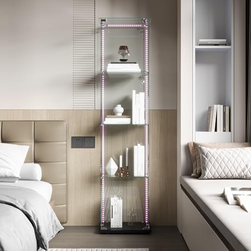 Callicarpa Glasvitrine Stehend mit Klopflicht/LED-Leiste und Glastüren, Sammlervitrine für Wohnzimmer, Büro, Spielzimmer in Weiß/Schwarz (Schwarz, Vitrine mit Einer Tür, 4 Ebenen + LED-Leiste) von Callicarpa