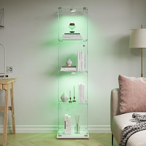 Callicarpa Glasvitrine Stehend mit Klopflicht/LED-Leiste und Glastüren, Sammlervitrine für Wohnzimmer, Büro, Spielzimmer in Weiß/Schwarz (Weiß, Vitrine mit Einer Tür, 4 Ebenen + Klopflicht) von Callicarpa