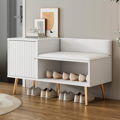 Moderne luxuriöse Schuhtruhe in Weiß mit Stauraum, gepolsterter Sitzbank und Rückenlehne - Schuhregal mit Metallgriffen und Metallbeinen - Perfekt für den Eingangsbereich - Maße: B100/T40/H58 cm von Callicarpa