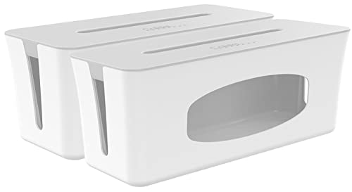 Callstel Box für Kabelmanagement: 2er-Set Kabelboxen groß, mit Smartphone- & Tablet-Ladesteckplatz, weiß (Kabelmanagement Tisch, Boxen für Kabelorganisation) von Callstel