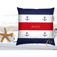 Kissenhülle Only - Blau Weiß Rot Ahoy Anker Maritime Küste 18"x18"/24"x24" By Calmcozychic von CalmCozyChic