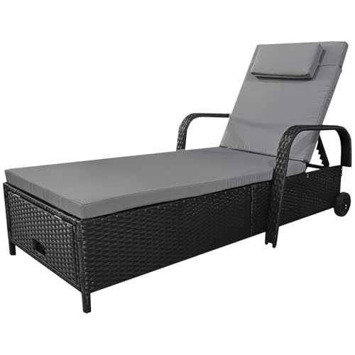 Calma Lux® Gartenliege Sonnenliege Rattanliege mit Stauraum neigbarer Rückenlehne Gartenmöbel Liege mobil mit Kissen, Polyrattan+Metall, 200 x 75 x 30-92 cm (Schwarz/Grau) von Calma Lux