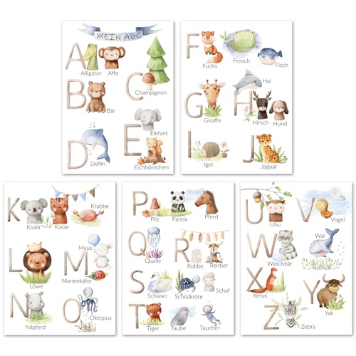 Calmondo 5er Set ABC Kinderbilder Alphabet mit Tieren | Buchstaben-Lernposter für Junge und Mädchen | Wandbilder, Deko für Kinderzimmer, Klassenzimmer, Grundschule Kindergarten | DIN A4 von Calmondo
