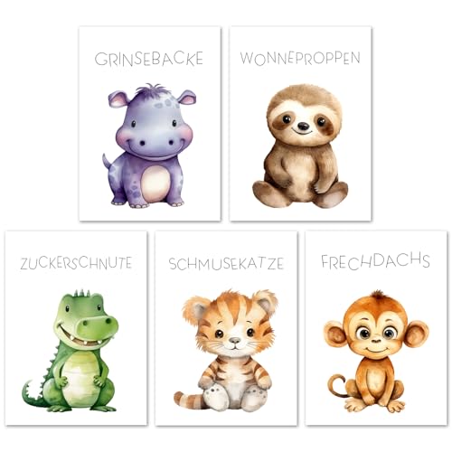 Calmondo 5er Set Kinderbilder | Wand-Poster, Tierbilder, Tier-Babys, Geschenkidee für Kinder & Babys | Wandbilder für Junge und Mädchen | Deko für Kinderzimmer & Babyzimmer | ohne Rahmen | A4 von Calmondo