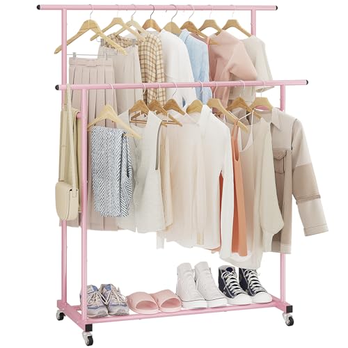 Calmootey Kleiderständer mit Doppelstange, rollender Kleiderständer, tragbarer Kleider-Organizer für Schlafzimmer, Wohnzimmer, Bekleidungsgeschäft, Rosa Calmootey Kleiderständer mit Doppelstange, rollender Kleiderständer, tragbarer Kleider-Organizer für Schlafzimmer, Wohnzimmer, Bekleidungsgeschäft, Rosa von Calmootey